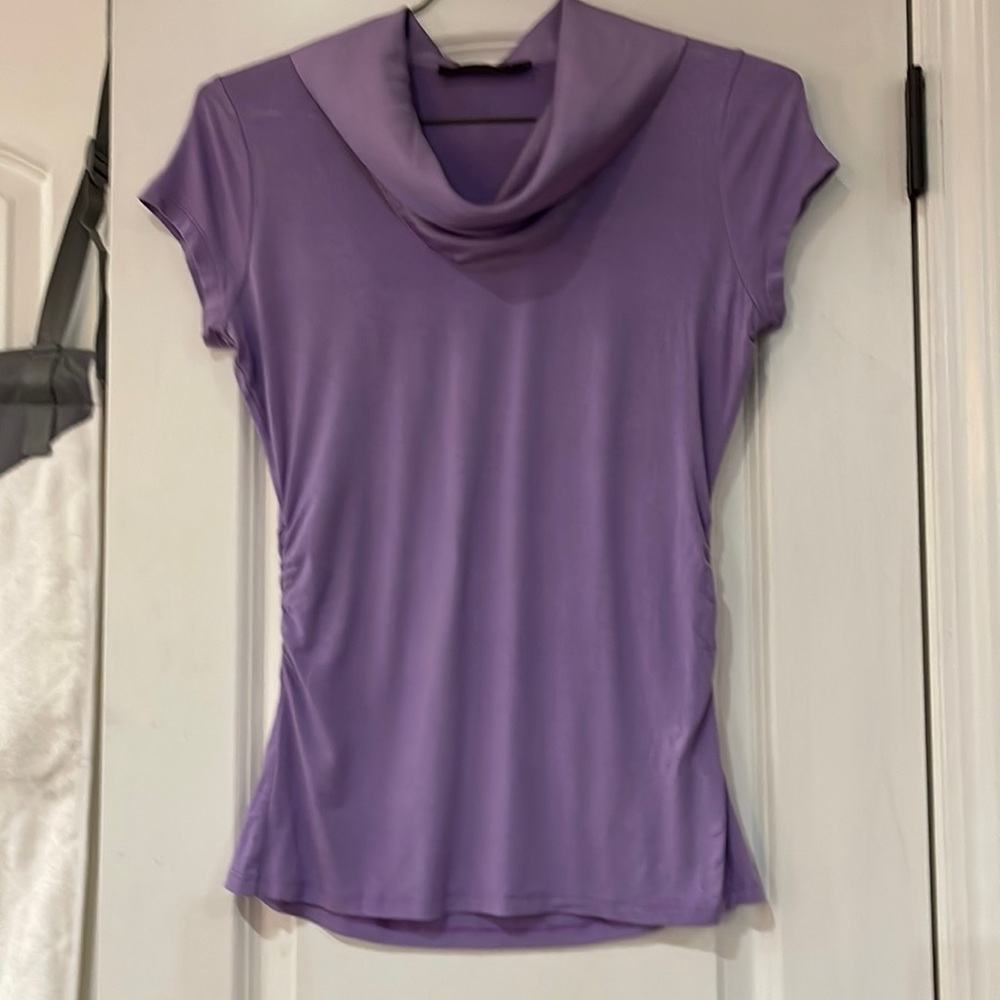 Lavender top from The Limited. Satin collar. Long style with gathered sides